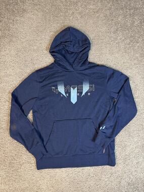 MESSI Hoodie Mens L Blue Pullover Hooded Pockets Graphic Print Fleece Tagless